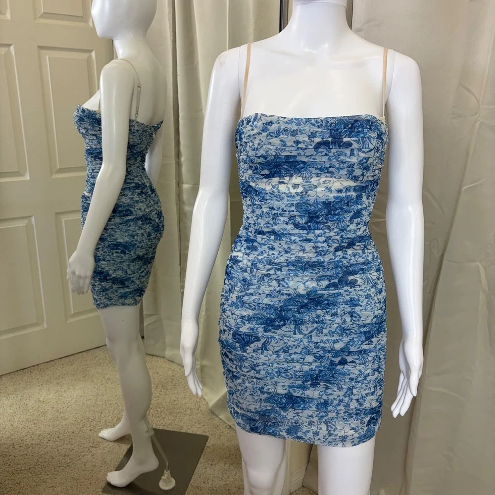 House of CB London Blue White Floral Ruched Mesh Mini Dress Toile De Jouy Small